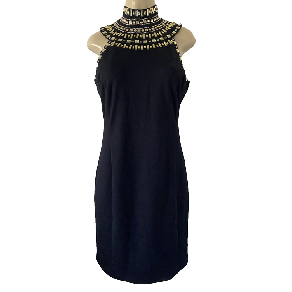 Grayse Black Dress Mock Neck Rhinestone Bead Gold Sheath Knit Sleeveless Mini L - Picture 2 of 11